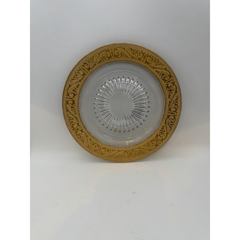 Vintage Gold Encrusted Clear Glass Dessert Salad Plate 8" Etched Rim